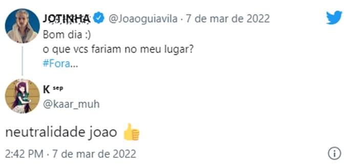 João Guilherme pede sugestão e acata posicionamento de seguidor João Guilherme pede sugestão e acata posicionamento de seguidor