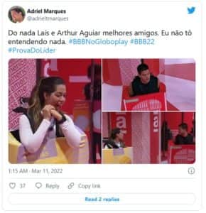 Internautas brincam com a rivalidade entre Arthur e Laís que virou amizade no BBB22 Internautas brincam com a rivalidade entre Arthur e Laís que virou amizade no BBB22