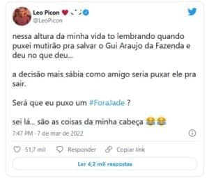 Leo Picon relembrou polêmica de jade com o ex-Fazenda (Foto: Reprodução / Twitter) Leo Picon relembrou polêmica de jade com o ex-Fazenda (Foto: Reprodução / Twitter)