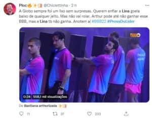 Internautas detonaram a Globo por favoritismo de Lina na prova do líder do BBB22 (Foto: Reprodução / Twitter) Internautas detonaram a Globo por favoritismo de Lina na prova do líder do BBB22 (Foto: Reprodução / Twitter)