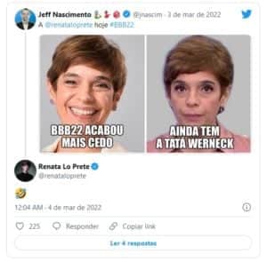 Internautas brincaram que Renata Lo Prete ficou feliz com vitória em tempo recorde de Scooby no BBB22 (Foto: Reprodução / Twitter) Internautas brincaram que Renata Lo Prete ficou feliz com vitória em tempo recorde de Scooby no BBB22 (Foto: Reprodução / Twitter)