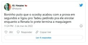 Internautas brincaram que Renata Lo Prete ficou feliz com vitória em tempo recorde de Scooby no BBB22 (Foto: Reprodução / Twitter) Internautas brincaram que Renata Lo Prete ficou feliz com vitória em tempo recorde de Scooby no BBB22 (Foto: Reprodução / Twitter)