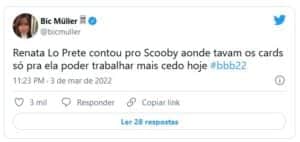 Internautas brincaram que Renata Lo Prete ficou feliz com vitória em tempo recorde de Scooby no BBB22 (Foto: Reprodução / Twitter) Internautas brincaram que Renata Lo Prete ficou feliz com vitória em tempo recorde de Scooby no BBB22 (Foto: Reprodução / Twitter)