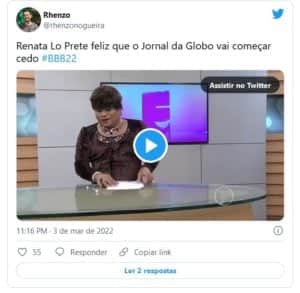 Internautas brincaram que Renata Lo Prete ficou feliz com vitória em tempo recorde de Scooby no BBB22 (Foto: Reprodução / Twitter) Internautas brincaram que Renata Lo Prete ficou feliz com vitória em tempo recorde de Scooby no BBB22 (Foto: Reprodução / Twitter)