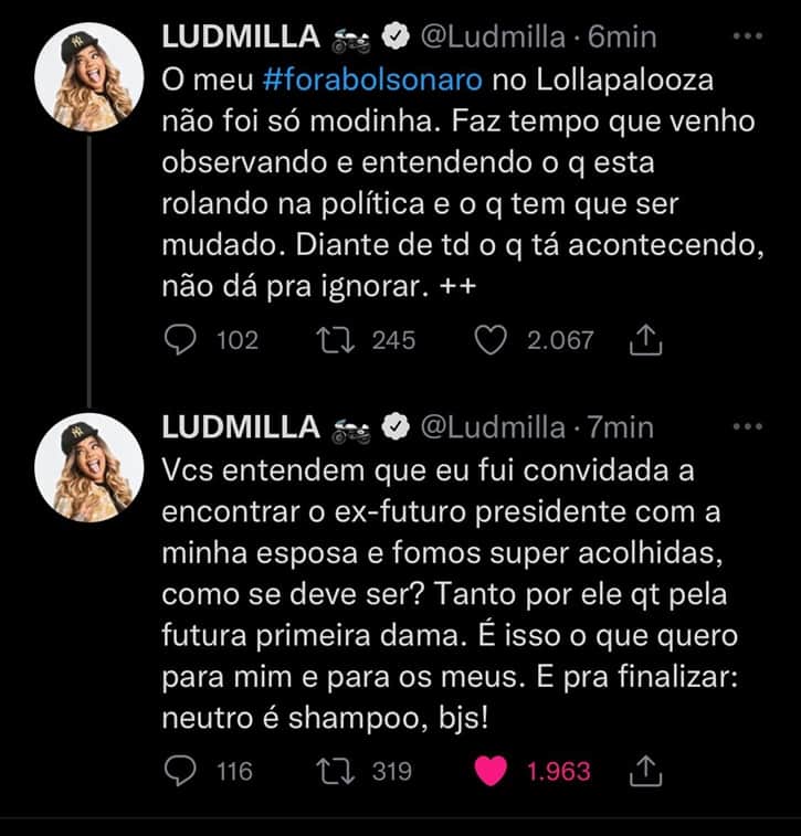 Ludmilla explica seus motivos de ter puxado "Fora Bolsonaro" e ainda revela encontro com Lula Ludmilla explica seus motivos de ter puxado "Fora Bolsonaro" e ainda revela encontro com Lula