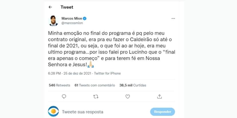 Marcos Mion chora ao falar de fim no Caldeirão e expõe desfecho na Globo: "Meu último programa" Marcos Mion chora ao falar de fim no Caldeirão e expõe desfecho na Globo: "Meu último programa"