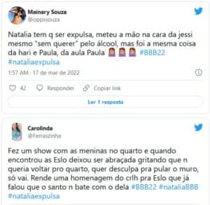 Internuatas pedem expulsão de Natália no BBB22 (Foto: Reprodução / Twitter) Internuatas pedem expulsão de Natália no BBB22 (Foto: Reprodução / Twitter)