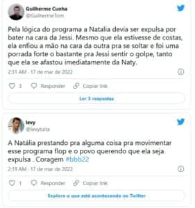 Internautas pedem expulsão de Natália no BBB22 (Foto: Reprodução / Twitter) Internautas pedem expulsão de Natália no BBB22 (Foto: Reprodução / Twitter)
