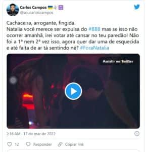 Internautas pedem expulsão de Natália no BBB22 (Foto: Reprodução / Twitter) Internautas pedem expulsão de Natália no BBB22 (Foto: Reprodução / Twitter)