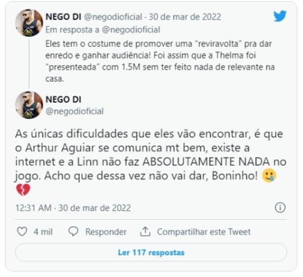 BBB22: Nego Di fala sobre o VT de Arthur Aguiar (Foto: Reprodução/Twitter) BBB22: Nego Di fala sobre o VT de Arthur Aguiar (Foto: Reprodução/Twitter)