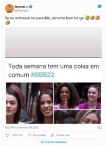 Neymar Jr brincou com a fama de "Pé-frio" de Eslovênia no BBB22 (Foto: Reprodução / Twitter) Neymar Jr brincou com a fama de "Pé-frio" de Eslovênia no BBB22 (Foto: Reprodução / Twitter)