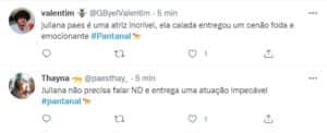 Juliana Paes foi bastante elogiada por sua atuação em 'Pantanal' (Foto: Reprodução / Twitter) Juliana Paes foi bastante elogiada por sua atuação em 'Pantanal' (Foto: Reprodução / Twitter)