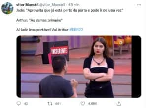 Internautas elogiaram Arthur e criticaram Jade no BBB22 (Foto: Reprodução / Twitter) Internautas elogiaram Arthur e criticaram Jade no BBB22 (Foto: Reprodução / Twitter)