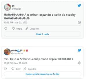 Web reagiu sobre a depilação de Scooby e Arthur no BBB22 (Foto: Reprodução / Twitter) Web reagiu sobre a depilação de Scooby e Arthur no BBB22 (Foto: Reprodução / Twitter)
