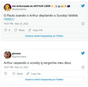Web reagiu sobre a depilação de Scooby e Arthur no BBB22 (Foto: Reprodução / Twitter) Web reagiu sobre a depilação de Scooby e Arthur no BBB22 (Foto: Reprodução / Twitter)