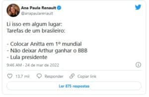 Ana Paula Renault detonou Arthur Aguiar do BBB22 (Foto: Reprodução / Twitter) Ana Paula Renault detonou Arthur Aguiar do BBB22 (Foto: Reprodução / Twitter)