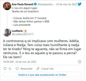 Ana Paula Renault criticou Arthur e foi detonada na web (Foto: Reprodução / Twitter) Ana Paula Renault criticou Arthur e foi detonada na web (Foto: Reprodução / Twitter)