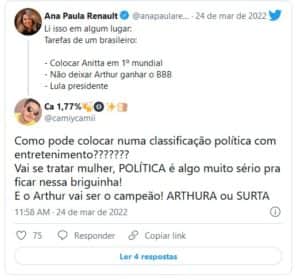 Ana Paula Renault foi criticada por não torcer por Arthur no BBB22 (Foto: Reprodução / Twitter) Ana Paula Renault foi criticada por não torcer por Arthur no BBB22 (Foto: Reprodução / Twitter)