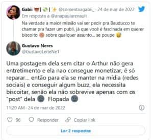 Internautas não gostaram da postura da ex-BBB sobre Arthur (Foto: Reprodução / Twitter) Internautas não gostaram da postura da ex-BBB sobre Arthur (Foto: Reprodução / Twitter)