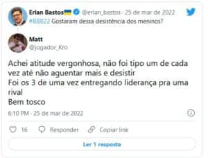 Fãs do BBB22 não gostaram da vitória de Lina como líder (Foto: Reprodução / Twitter) Fãs do BBB22 não gostaram da vitória de Lina como líder (Foto: Reprodução / Twitter)