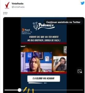 Vidente diz que BBB22 vai acabar em tragédia e que Globo vai fechar as portas (Foto: Reprodução / Twitter) Vidente diz que BBB22 vai acabar em tragédia e que Globo vai fechar as portas (Foto: Reprodução / Twitter)