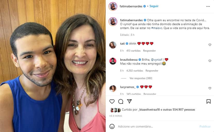 Fátima Bernardes ao lado de Vinicius, eliminado do BBB22 - Foto: Reprodução Fátima Bernardes ao lado de Vinicius, eliminado do BBB22 - Foto: Reprodução