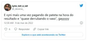 Internautas detonaram mais uma trapalhada de Vyni no BBB22 (Foto: Reprodução / Twitter) Internautas detonaram mais uma trapalhada de Vyni no BBB22 (Foto: Reprodução / Twitter)