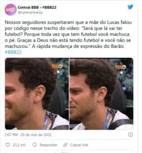 Web viu uma possível mensagem subliminar no Almoço do Anjo do BBB22 para Lucas (Foto: Reprodução / Twitter) Web viu uma possível mensagem subliminar no Almoço do Anjo do BBB22 para Lucas (Foto: Reprodução / Twitter)