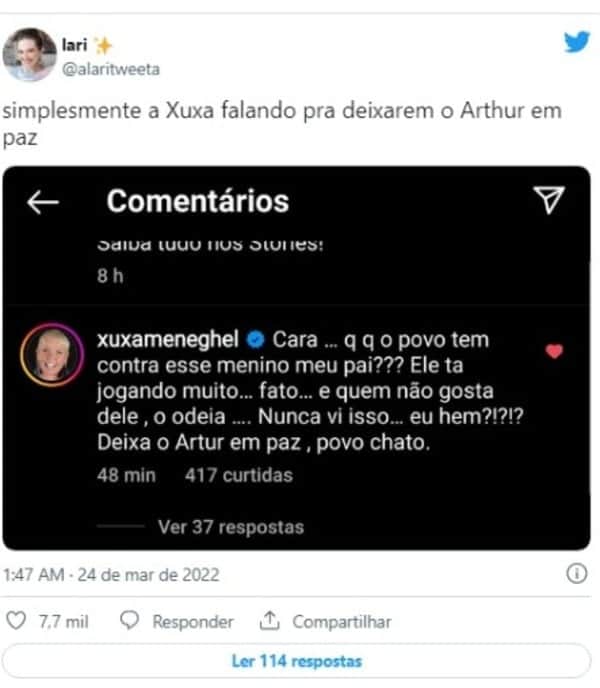 BBB22: Xuxa sai em defesa de Arthur Aguiar (Foto: Reprodução/Twitter) BBB22: Xuxa sai em defesa de Arthur Aguiar (Foto: Reprodução/Twitter)