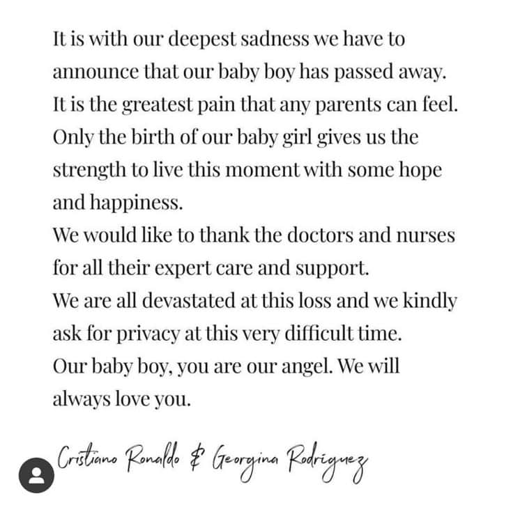 Post de Cristiano Ronaldo, anunciando a morte de seu filho (Reprodução - Instagram Cristiano Ronaldo) Post de Cristiano Ronaldo, anunciando a morte de seu filho (Reprodução - Instagram Cristiano Ronaldo)