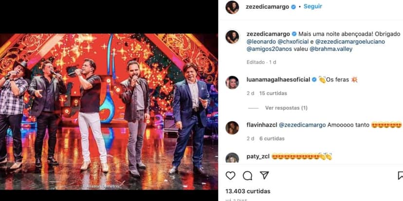 Zezé Di Camargo agradece músicos, mas não marca Instagram de Luciano Zezé Di Camargo agradece músicos, mas não marca Instagram de Luciano
