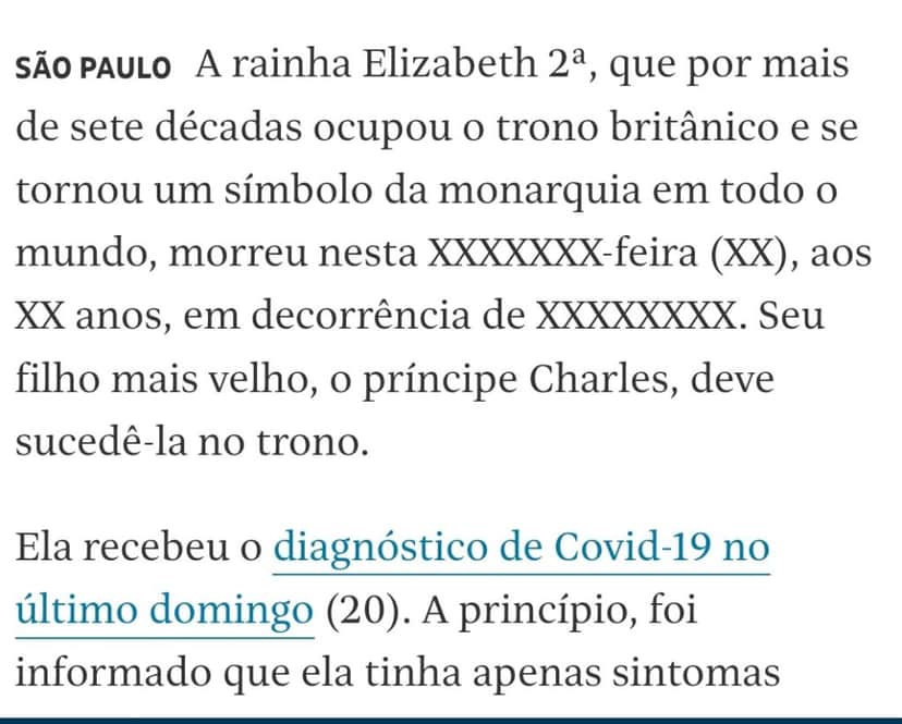 Folha de São Paulo anuncia, por engano, morte da Rainha Elizabeth - Reprodução Folha de São Paulo anuncia, por engano, morte da Rainha Elizabeth - Reprodução