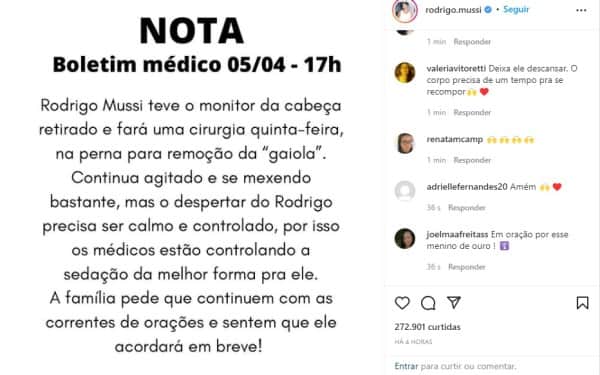 Boletim médico sobre estado de saúde de Rodrigo Mussi (Imagem: Reprodução) Boletim médico sobre estado de saúde de Rodrigo Mussi (Imagem: Reprodução)