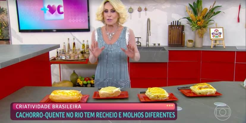 Ana Maria Braga em quadro de cachorros-quentes no "Mais Você" (Foto: Reprodução/TV Globo) Ana Maria Braga em quadro de cachorros-quentes no "Mais Você" (Foto: Reprodução/TV Globo)