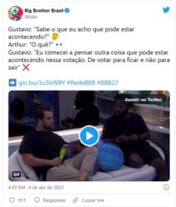 Gustavo Marsengo no BBB22; paranaense adivinhou o tipo de votação para o paredão falso (Foto: Reprodução / Twitter) Gustavo Marsengo no BBB22; paranaense adivinhou o tipo de votação para o paredão falso (Foto: Reprodução / Twitter)