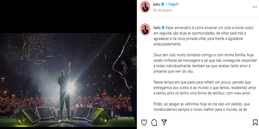 Belo comemorou mais um aniversário (Foto: Instagram) Belo comemorou mais um aniversário (Foto: Instagram)