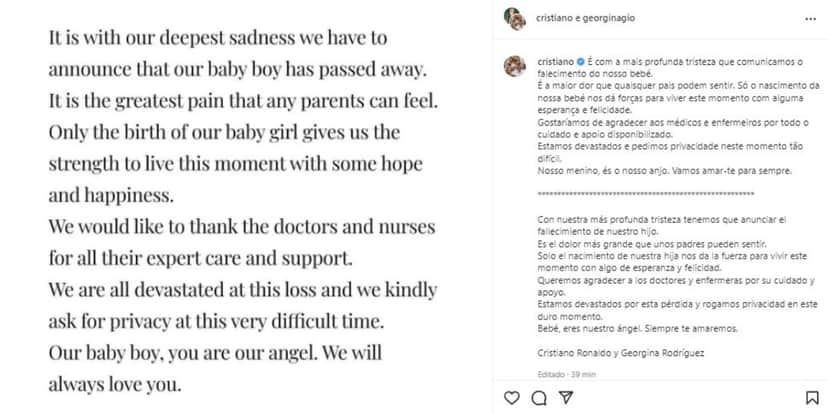 Texto publicado por Cristiano Ronaldo nas redes sociais (Foto: Reprodução/Instagram) Texto publicado por Cristiano Ronaldo nas redes sociais (Foto: Reprodução/Instagram)