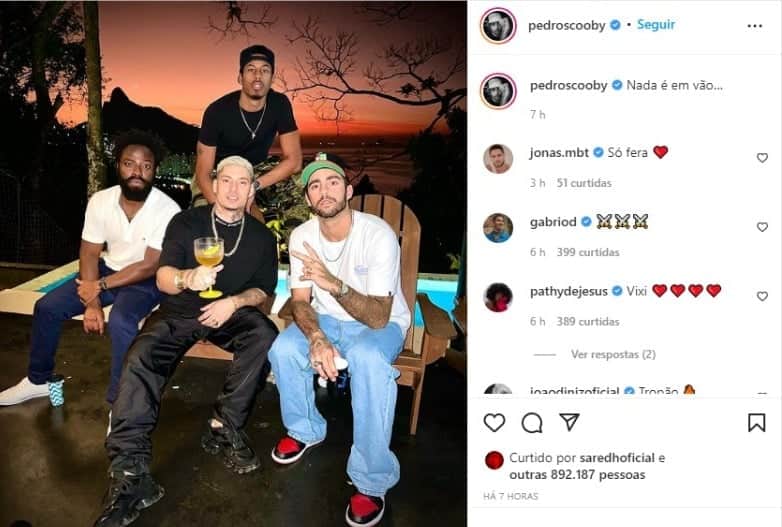 BBB22: Paulo André, Pedro Scooby e Douglas Silva saem com Filipe Ret (Foto: Reprodução/Instagram) BBB22: Paulo André, Pedro Scooby e Douglas Silva saem com Filipe Ret (Foto: Reprodução/Instagram)