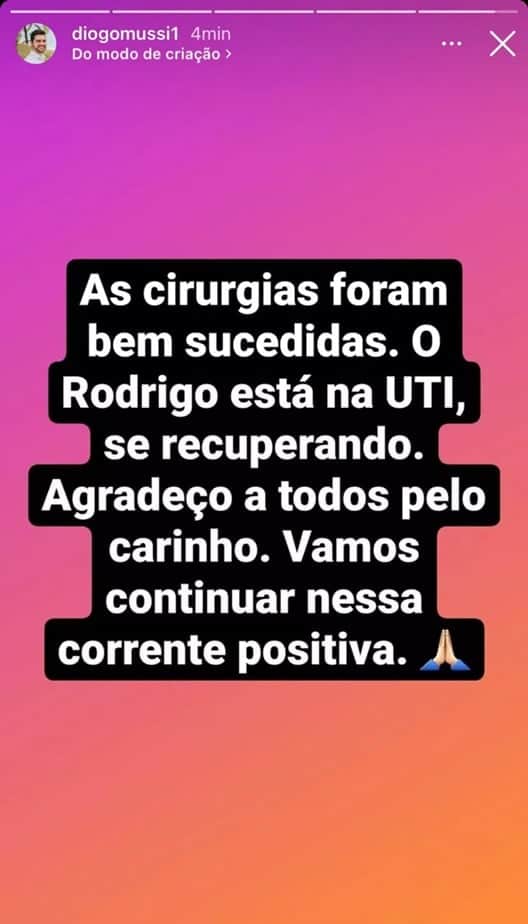 Irmão de Rodrigo Mussi informa estado de saúde após delicadas cirurgias Irmão de Rodrigo Mussi informa estado de saúde após delicadas cirurgias
