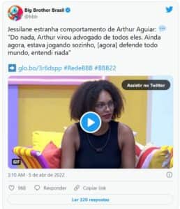 Jessilane Alves no BBB22; professora ironizou discurso solitário de Arthur Aguiar no jogo (Foto: Reprodução / Twitter) Jessilane Alves no BBB22; professora ironizou discurso solitário de Arthur Aguiar no jogo (Foto: Reprodução / Twitter)