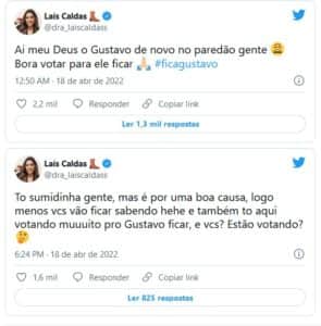 Laís está na torcida por Gustavo para que o ex-casa de vidro não seja eliminado do BBB22 (Foto: Reprodução / Twitter)