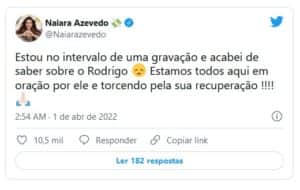 Naiara Azevedo prestou solidariedade ao estado de saúde de Rodrigo Mussi, seu desafeto no BBB22 (Foto: Reprodução / Twitter) Naiara Azevedo prestou solidariedade ao estado de saúde de Rodrigo Mussi, seu desafeto no BBB22 (Foto: Reprodução / Twitter)