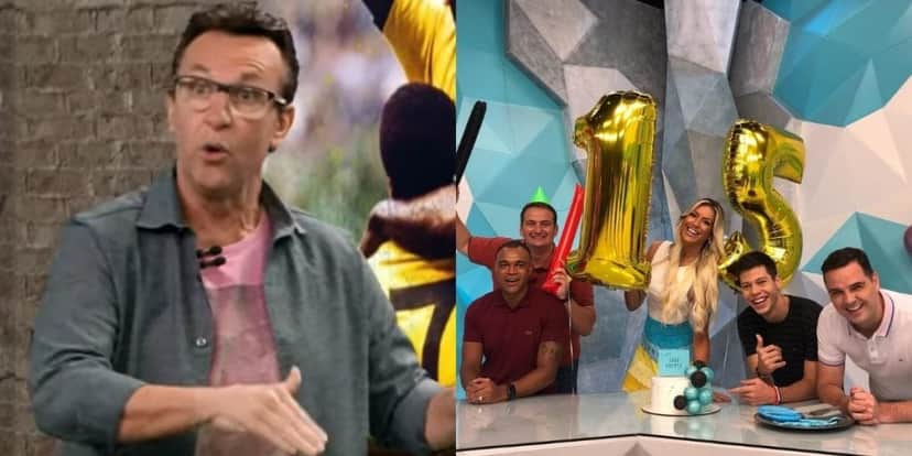 "Queria que tudo que saísse aqui no intervalo, saísse no ar, mas não pode... Obrigado Renata Fan, e os comentaristas... Ronaldo, fica quieto na hora que vai entrar Os Donos da Bola aí, você, o Denílson, vocês continuam na Band, hein?! Viu, Ronaldo Giovanelli, você está uma perna do caramba, hein", disparou. "Queria que tudo que saísse aqui no intervalo, saísse no ar, mas não pode... Obrigado Renata Fan, e os comentaristas... Ronaldo, fica quieto na hora que vai entrar Os Donos da Bola aí, você, o Denílson, vocês continuam na Band, hein?! Viu, Ronaldo Giovanelli, você está uma perna do caramba, hein", disparou.