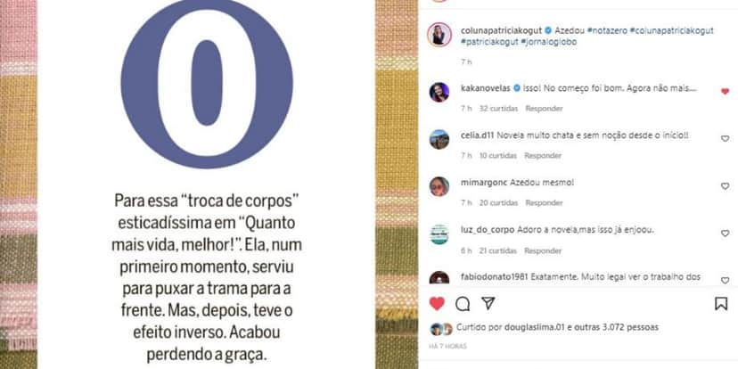 Patrícia Kogut teceu críticas a "Quanto Mais Vida, Melhor!" (Foto: Reprodução/Instagram) Patrícia Kogut teceu críticas a "Quanto Mais Vida, Melhor!" (Foto: Reprodução/Instagram)