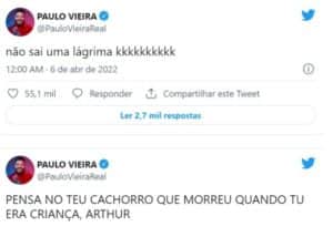 Paulo Vieira criticou Arthur Aguiar no BBB22 (Foto: Reprodução / Twitter) Paulo Vieira criticou Arthur Aguiar no BBB22 (Foto: Reprodução / Twitter)
