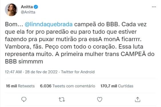 BBB22: Anitta estava torcendo por Linn da Quebrada (Foto: Reprodução/Twitter) BBB22: Anitta estava torcendo por Linn da Quebrada (Foto: Reprodução/Twitter)