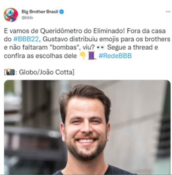 BBB22: Gustavo participou do Queridômetro do Eliminado (Foto: Reprodução/Twitter) BBB22: Gustavo participou do Queridômetro do Eliminado (Foto: Reprodução/Twitter)