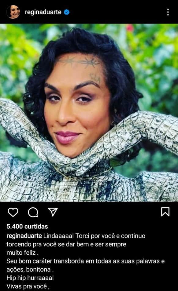 Regina Durate revela torcida por Lina e rasga elogios Regina Durate revela torcida por Lina e rasga elogios