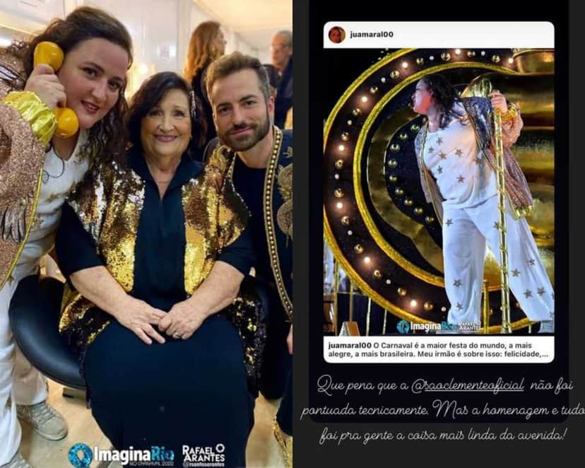 Ju Amaral, Dona Déa e Thales Bretas na homenagem a Paulo Gustavo da São Clemente (Foto: Reprodução/Instagram) Ju Amaral, Dona Déa e Thales Bretas na homenagem a Paulo Gustavo da São Clemente (Foto: Reprodução/Instagram)