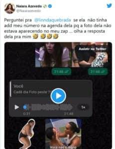 BBB22: Naiara Azevedo expõe Lina na web (Foto: Reprodução / Twitter) BBB22: Naiara Azevedo expõe Lina na web (Foto: Reprodução / Twitter)